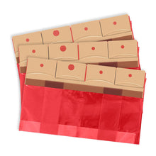 Stack of red diaper refill bags with tan cardboard hanging tabs