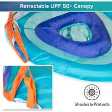 Blue baby pool float with retractable UPF canopy and orange cover straps