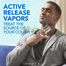 Vicks VapoRub Advanced Plus chest rub jar with a person applying to the neck