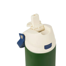 Open straw and chug lid on an army green stainless steel water bottle