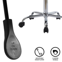 Kids desk chair showing height adjustment lever and 5 caster wheels on swivel base