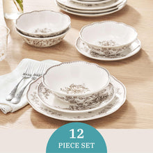 Stoneware dinnerware set tableware: white floral rose bowls and plates with brown trim