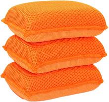 Orange microfiber kitchen sponges, stacked three-pack, textured non-scratch surface