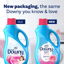 Downy Soft April Fresh 2-in-1 liquid softener bottles, pink caps, blue bodies