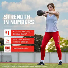 Creatine supplement marketing poster with woman lifting a kettlebell outdoors