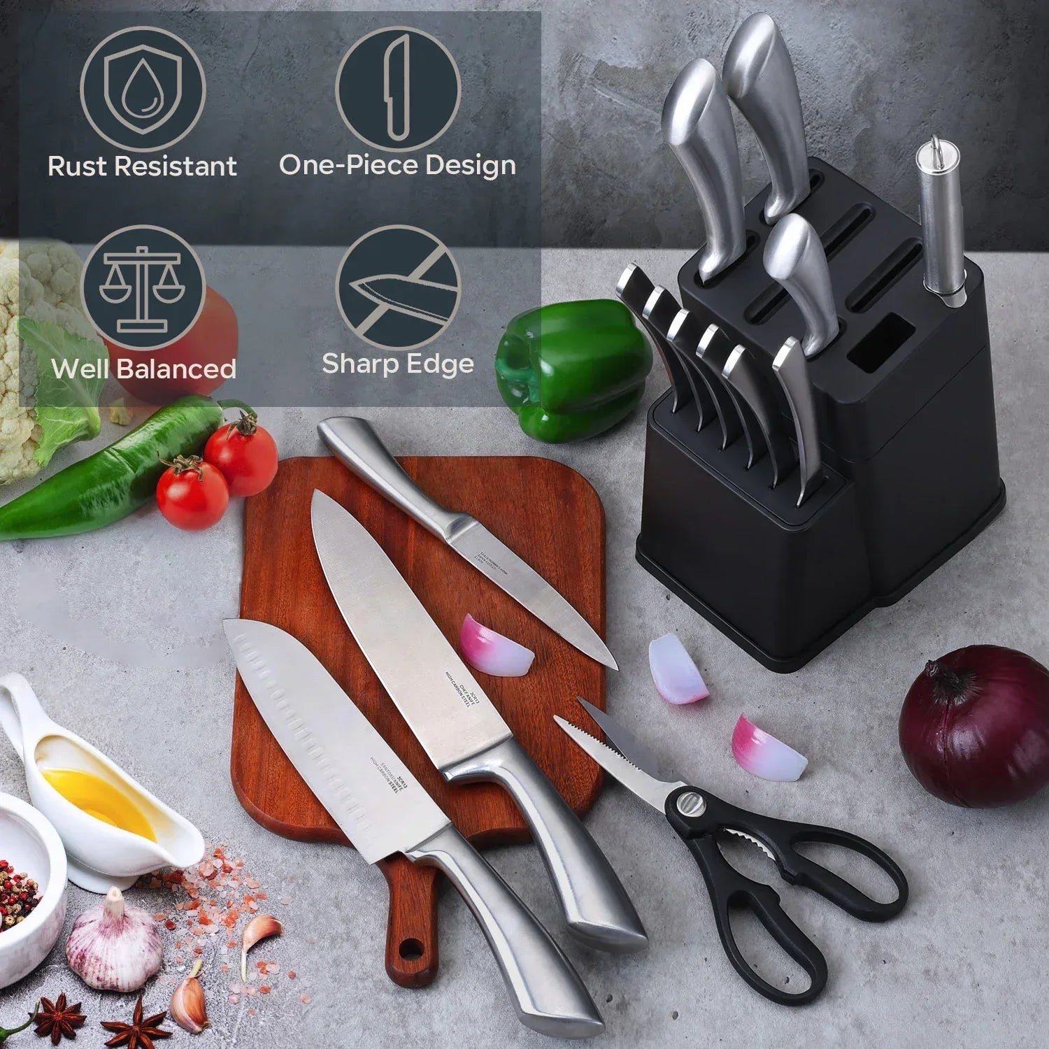 Vesteel Knife Set for Kitchen with Block, 15 Pcs High Carbon Stainless Steel Kitchen Knife Set with Self Sharpening - USA MEGA SHOP