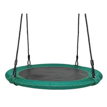 Green outdoor saucer swing with four black ropes and dark mesh center