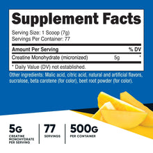 Creatine monohydrate supplement jar, Supplement Facts with 5g, 77 servings, 500g