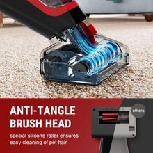 Anti-tangle brush head with blue bristles inside red and black vacuum nozzle