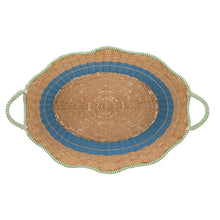 Two-tone rattan drink basket with flat blue-lined base and tan weave, green rope handles