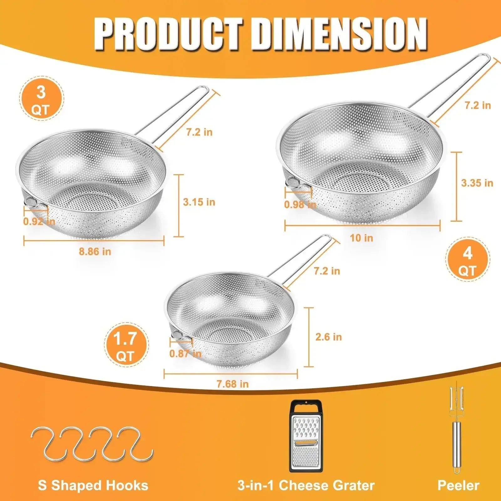 VeSteel Colander Set of 3, Stainless Steel Micro-Perforated Colanders Strainers for Draining Rinsing Washing, Ideal for Pasta Vegetables Fruits, Heavy Duty & Dishwasher Safe - USA MEGA SHOP