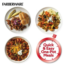 Prepared one-pot meal dishes in four plates and bowls