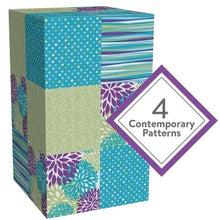 Facial tissue box with teal, blue, and purple contemporary patterns and striped accents