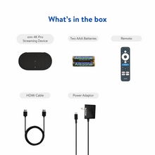 In-box contents: streaming device, remote, HDMI cable, and power adapter