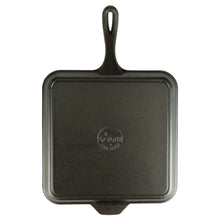 Square cast iron griddle bottom with loop handle and circular logo stamp