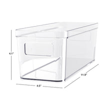 Clear plastic storage bin with open front, showing product dimensions and side panels.