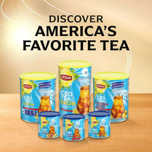 Iced tea mix display with blue canisters and yellow-lidded containers