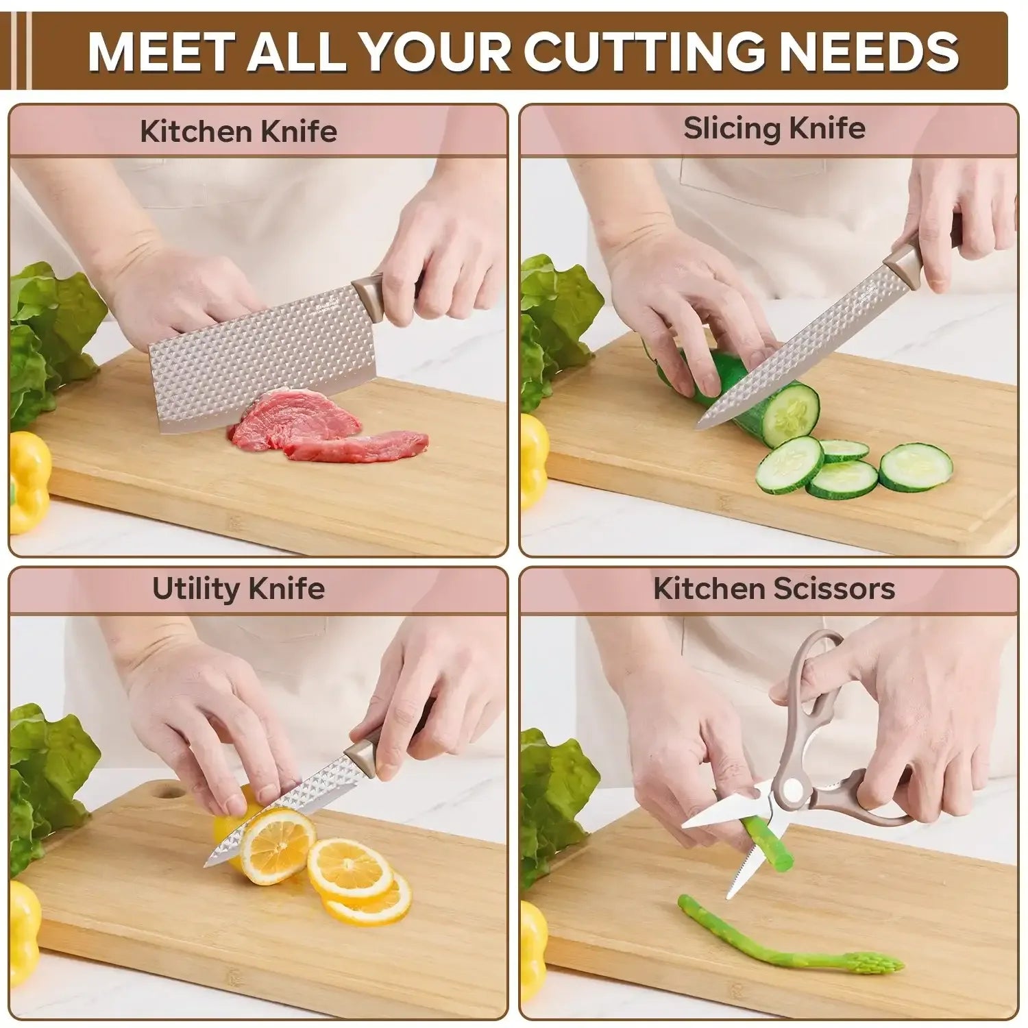 Vesteel Kitchen Knife Set of 7, Professional Stainless Steel Knives Set for Kitchen with Universal Knife Block - Khaki - USA MEGA SHOP