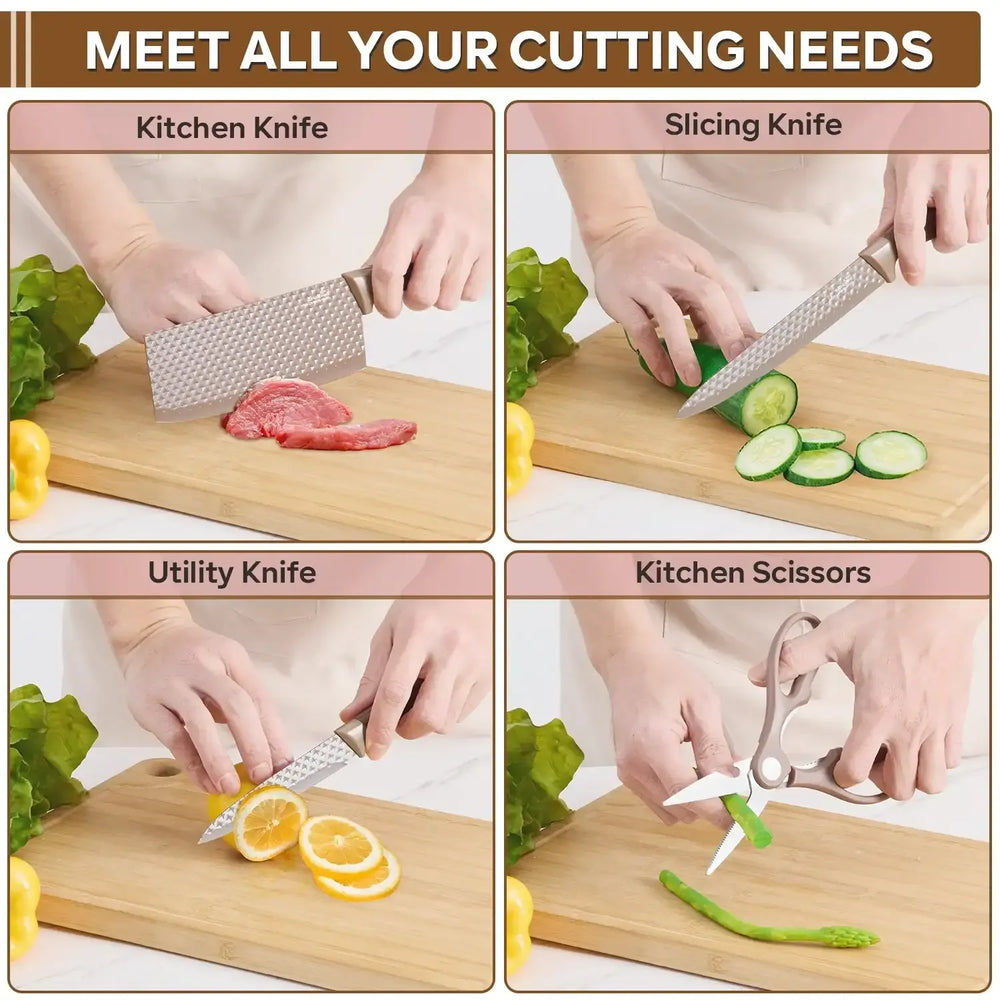 Vesteel Kitchen Knife Set of 7, Professional Stainless Steel Knives Set for Kitchen with Universal Knife Block - Khaki - USA MEGA SHOP