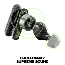 Black true wireless earbuds with open charging case and matching ear tips