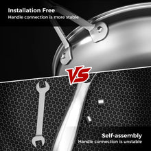 Stainless-steel frying pan handle attachment area with connection hardware close-up
