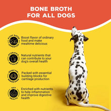 Bone broth probiotic dog topper graphic with spotted dog and key health benefits