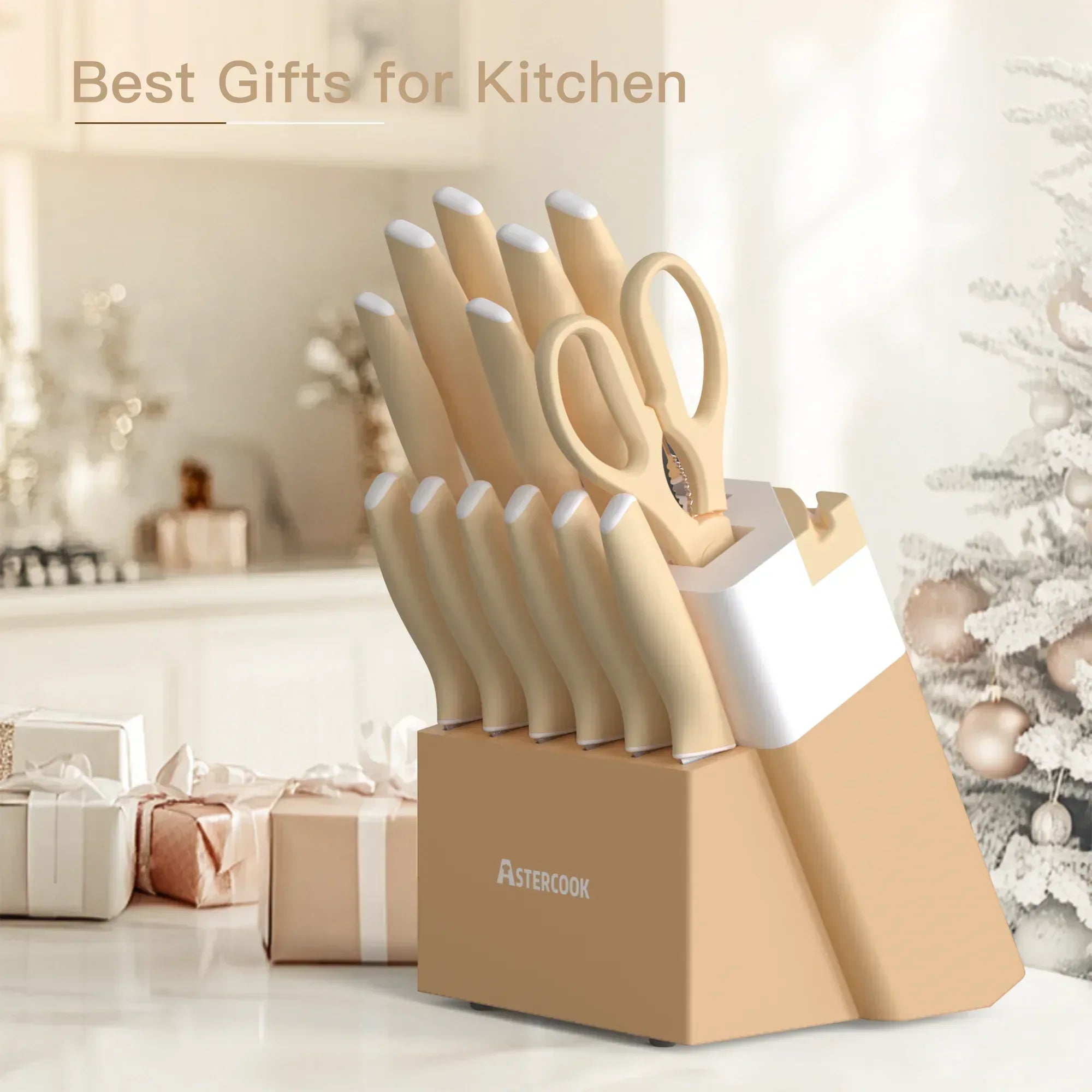 Astercook Knife Set, 14 Pieces Kitchen Knives Set with Healthy Anti-Rust Coating, Stainless Steel Knife Sets with Built-in Sharpener, Sharp & Rust Resistant Dishwasher Safe