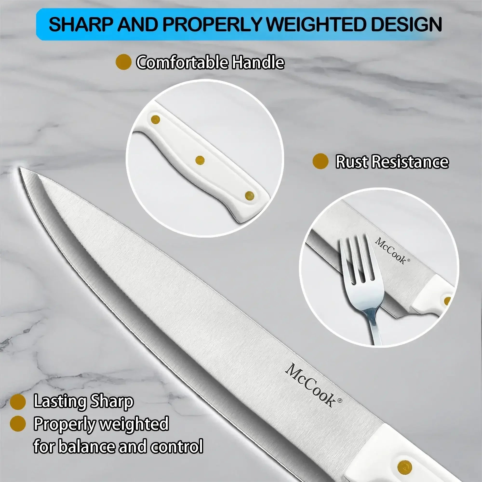 McCook DISHWASHER SAFE MC701 Knife Sets of 26, Stainless Steel Kitchen Knives Block Set with Built-in Knife Sharpener, Measuring Cups and Spoons