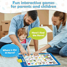 Family using an electronic alphabet wall poster with colorful letter and number tiles