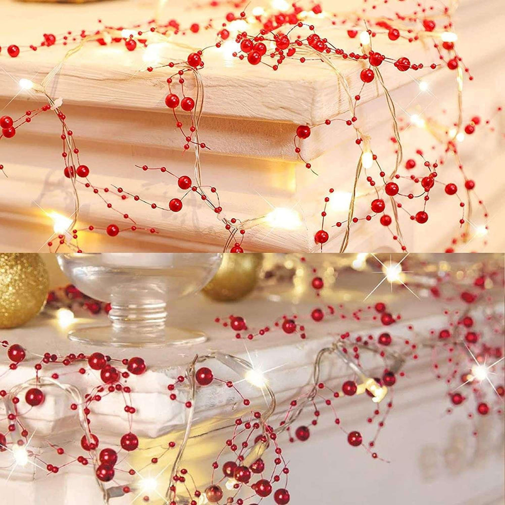 Morttic Christmas Festive Lighted 30LED Berry Beaded Garland for Indoor Decorations Xmas, Thanksgiving, Home Table Decor(Red) - USA MEGA SHOP