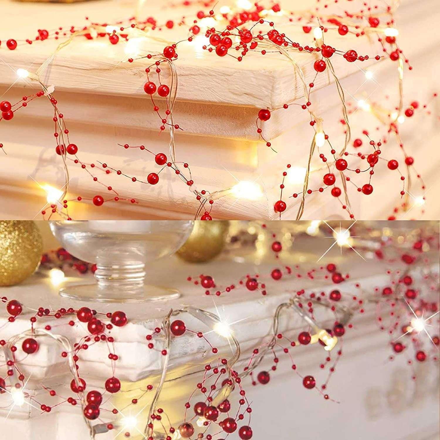 Morttic Christmas Festive Lighted 30LED Berry Beaded Garland for Indoor Decorations Xmas, Thanksgiving, Home Table Decor(Red)