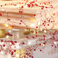 Morttic Christmas Festive Lighted 30LED Berry Beaded Garland for Indoor Decorations Xmas, Thanksgiving, Home Table Decor(Red)