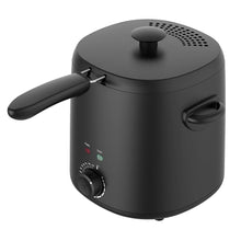 Matte black countertop electric deep fryer with side handle and vented lid