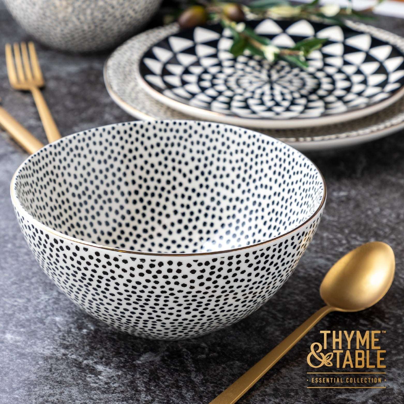 Thyme & Table Dot Large Ceramic Bowl Black and White