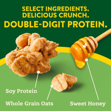 Protein granola ingredients graphic with clusters, sweet honey, whole grain oats, and soy protein.