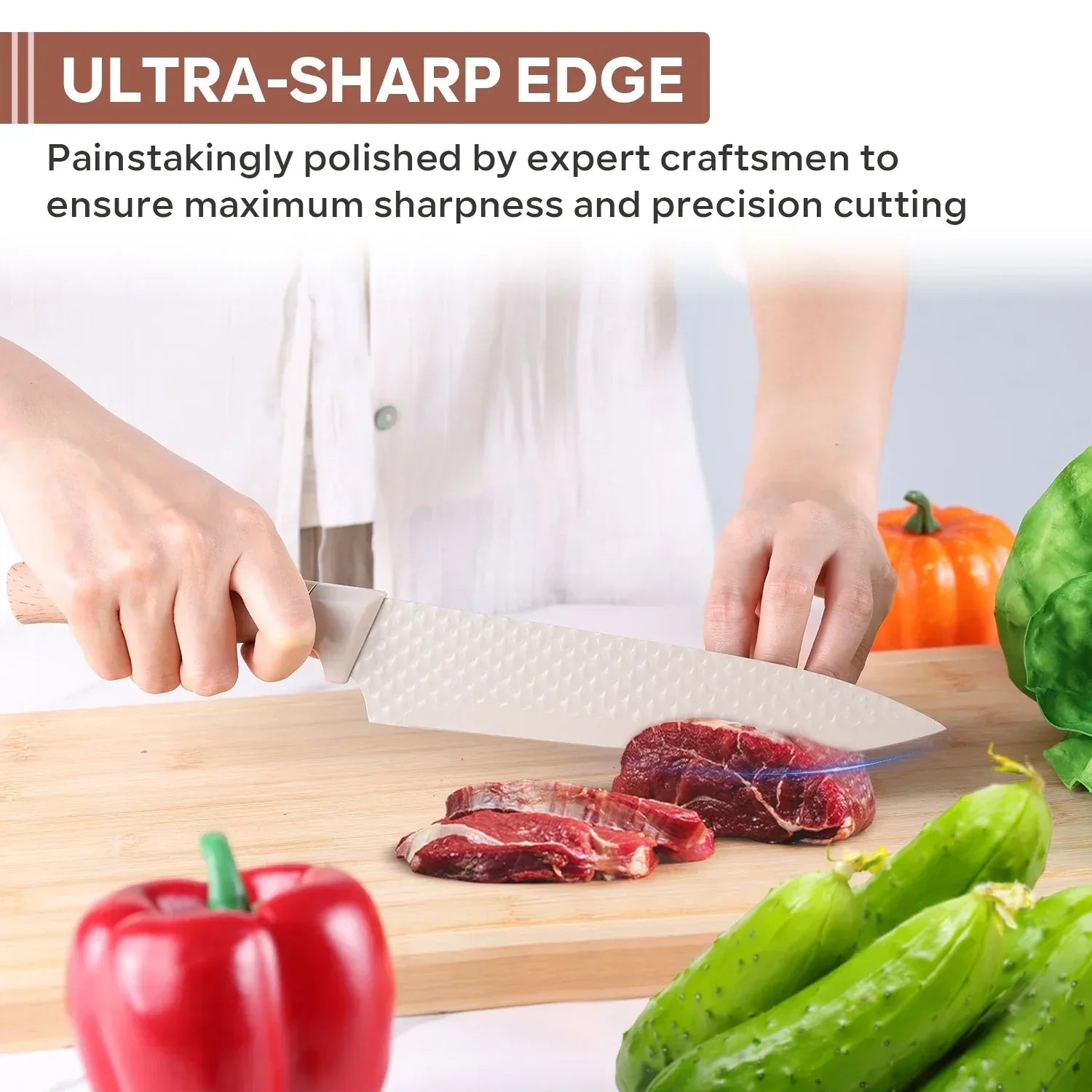 Vesteel Kitchen Knife Set of 7, Professional Stainless Steel Knives Set for Kitchen with Universal Knife Block - Khaki - USA MEGA SHOP