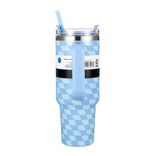 Blue diamond-pattern double-wall tumbler with clear lid and straw handle