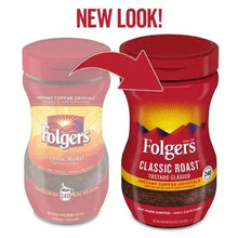 Folgers Classic Roast instant coffee crystals jar and glass roast jar, side by side