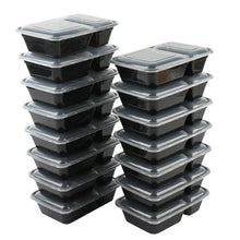 Stack of two-compartment meal prep containers with gray-tinted lids