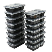 Two-compartment meal prep containers set, black bases with clear snap lids, stacked