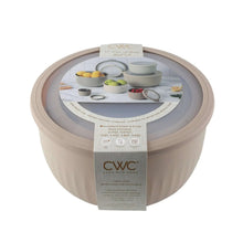 Packaged nesting mixing bowl set, off-white ribbed bowls with label