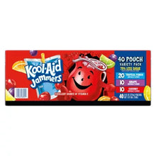 Juice pouch variety pack box front with Kool-Aid Jammers character and 40 pouch info