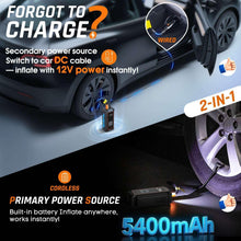 Cordless tire inflator connected to a car tire valve with compact battery pump