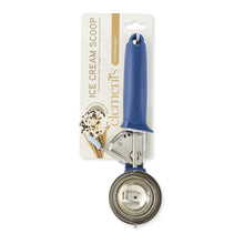 Blue trigger ice cream scoop with stainless steel circular scoop on retail card