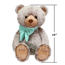 16 in plush bear with teal bow scarf, tan face and stitched paw pads