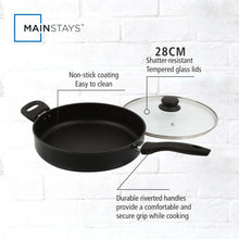 Black non-stick cooker with glass lid, riveted handles, and 28 cm pan diameter