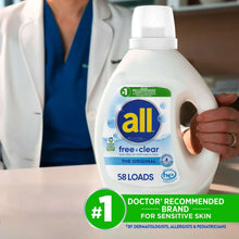 Laundry detergent bottle labeled '58 loads,' fragrance- and dye-free