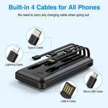 JIUMESS power bank with four built-in cable connectors in a black base