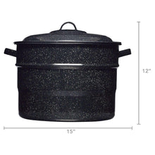 Enamel water bath canner pot with lid, size diagram with height and width marks