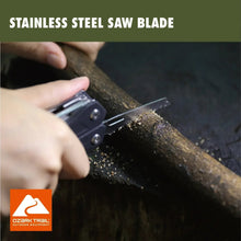 Black multi-tool with stainless steel saw blade cutting a log